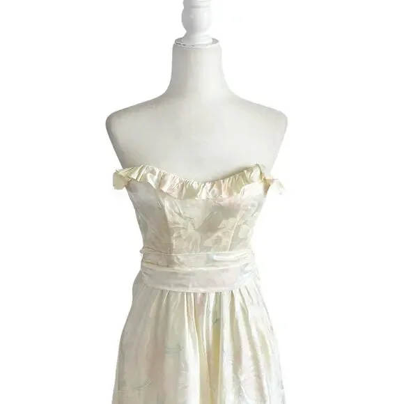 Vintage Steppin' Out Satin Floral Strapless Midi Dress Yellow XS - Picture 3 of 13